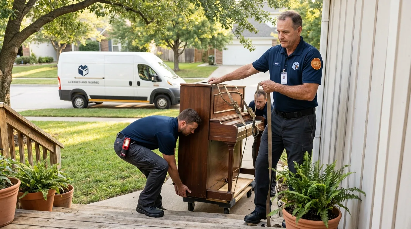 Licensed piano movers securing grand piano in Millbury, MA