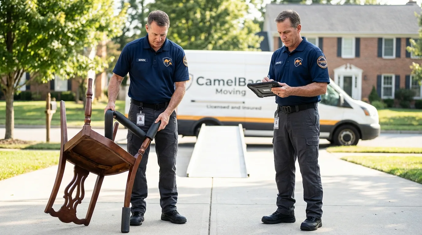 Movers inspecting furniture for damage prevention before loading in Millbury, MA
