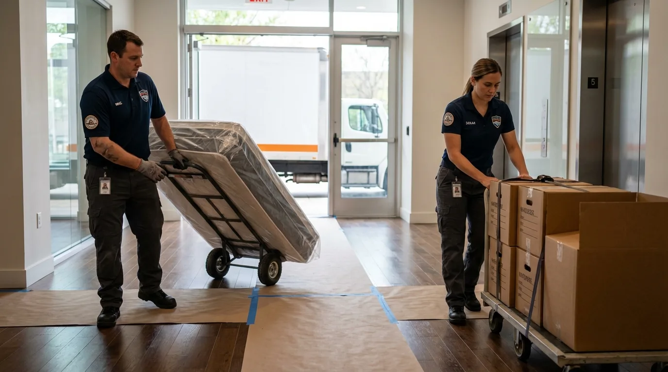 Professional apartment movers loading elevator in Millbury, MA