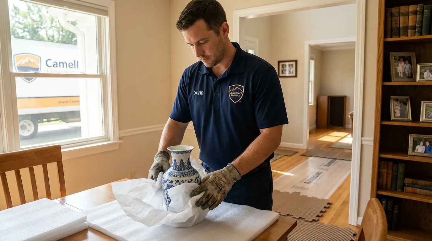 Professional crew carefully wrapping antique vase for senior downsizing move in Millbury, MA