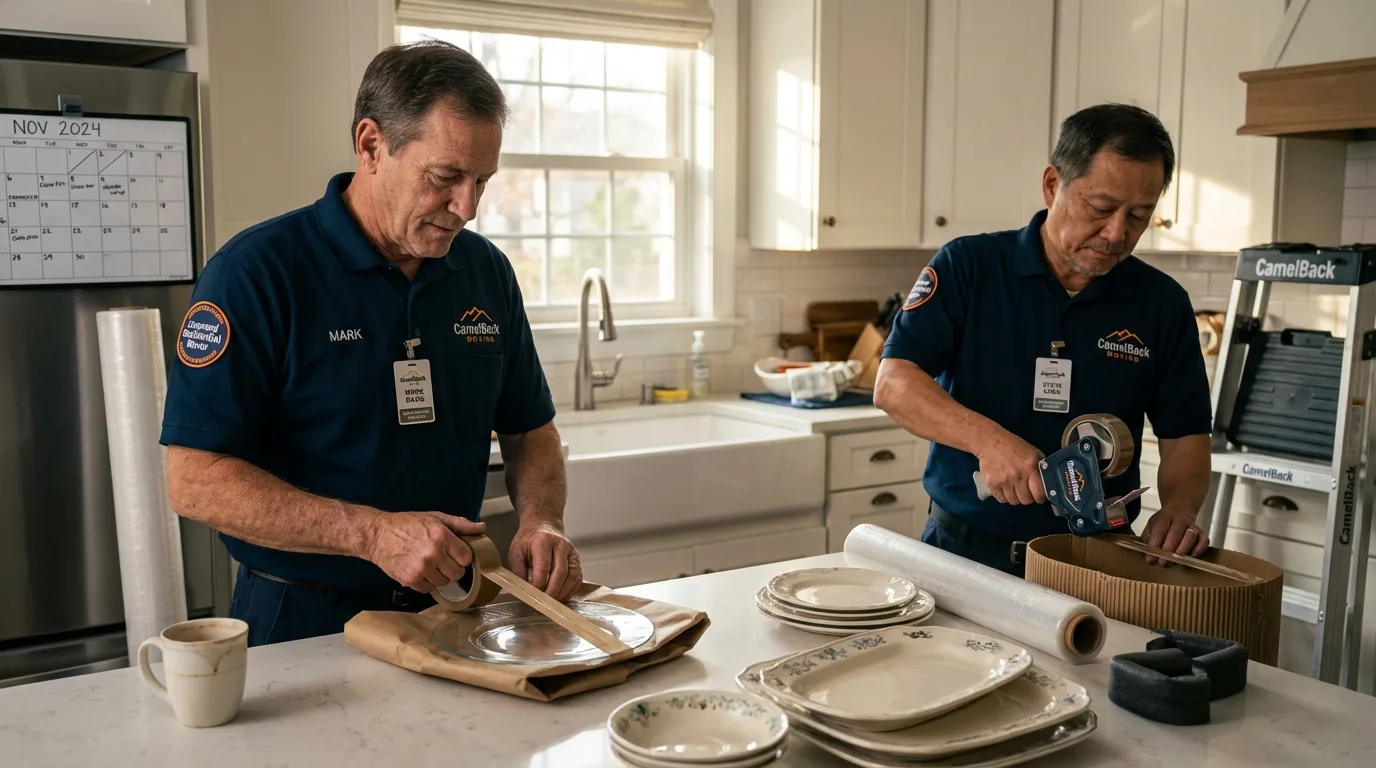 Professional crew packing kitchen dishware in Millbury, MA